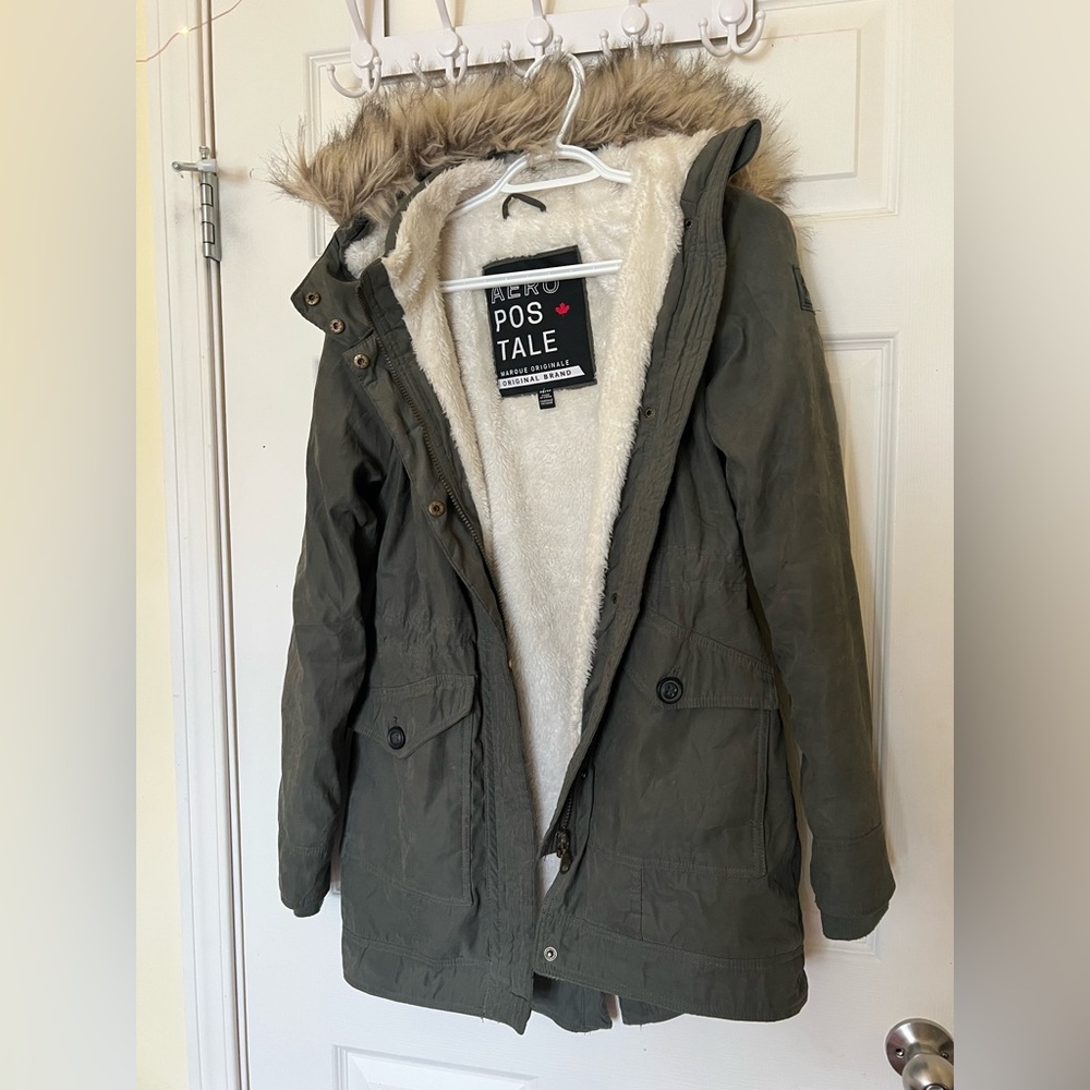 Green Aeropostale fall jacket with fur hood size xs